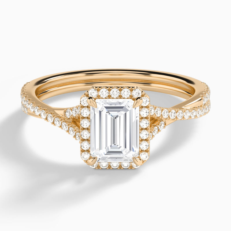 Emerald Luxe Halo And Twisted Shank Lab Diamond Engagement Ring In 14K Rose Gold - Lucenjuri