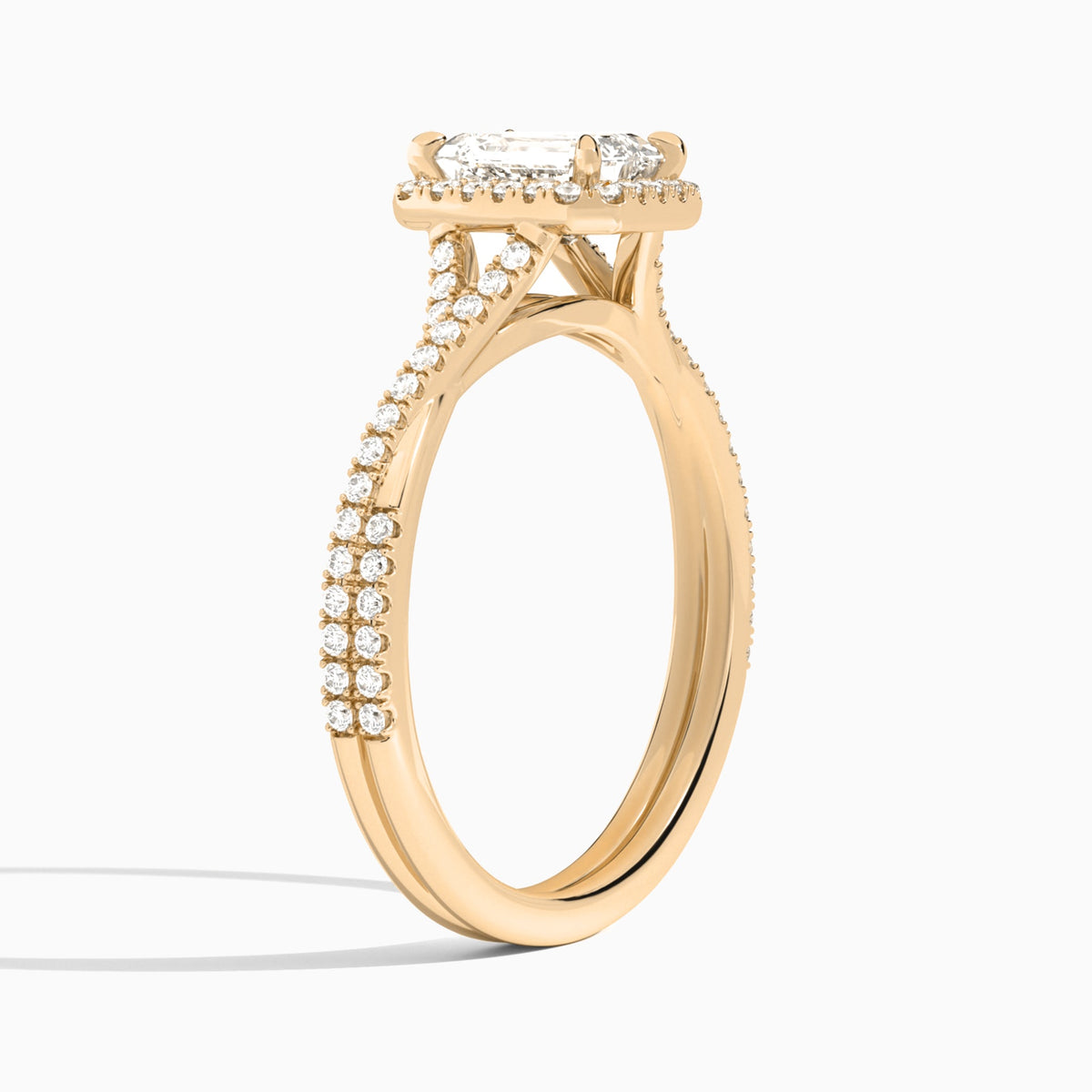 Emerald Luxe Halo And Twisted Shank Lab Diamond Engagement Ring In 14K Rose Gold, Angle View
