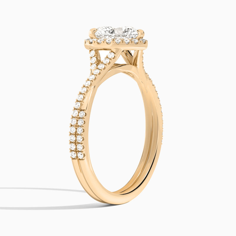 Heart Luxe Halo And Twisted Shank Lab Diamond Engagement Ring In 14K Rose Gold, Angle View