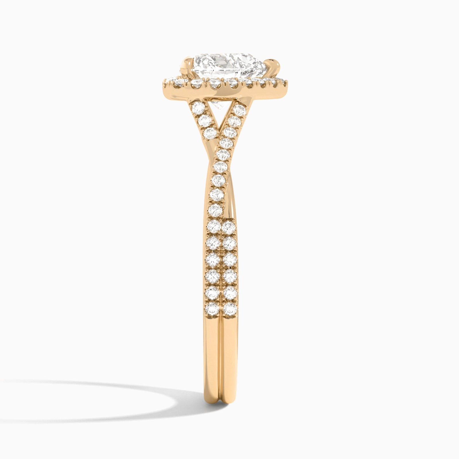 Heart Luxe Halo And Twisted Shank Lab Diamond Engagement Ring In 14K Rose Gold, Side View