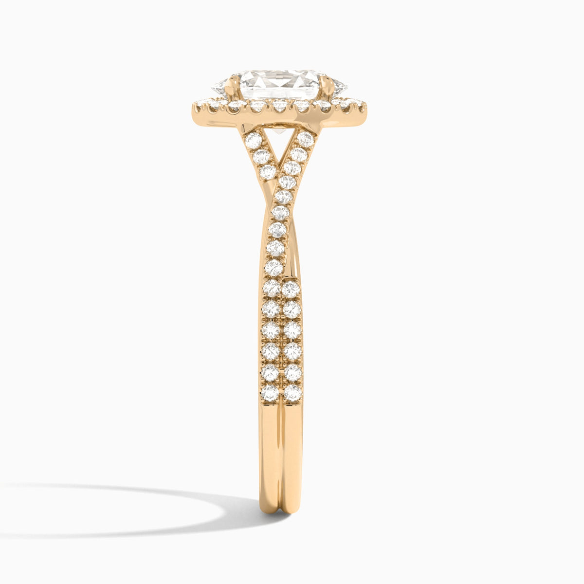 Oval Luxe Halo And Twisted Shank Lab Diamond Engagement Ring In 14K Rose Gold, Side View