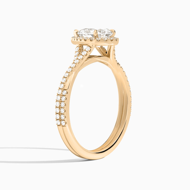 Pear Luxe Halo And Twisted Shank Lab Diamond Engagement Ring In 14K Rose Gold, Angle View