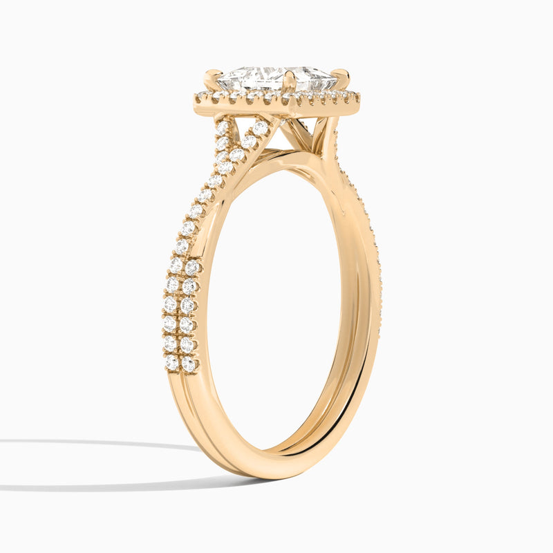 Princess Luxe Halo And Twisted Shank Lab Diamond Engagement Ring In 14K Rose Gold, Angle View
