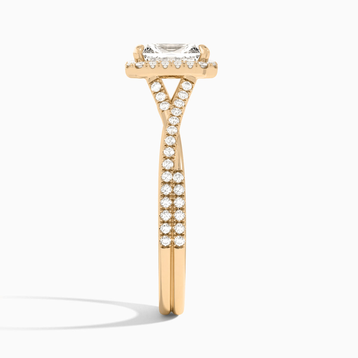 Radiant Luxe Halo And Twisted Shank Lab Diamond Engagement Ring In 14K Rose Gold, Side View