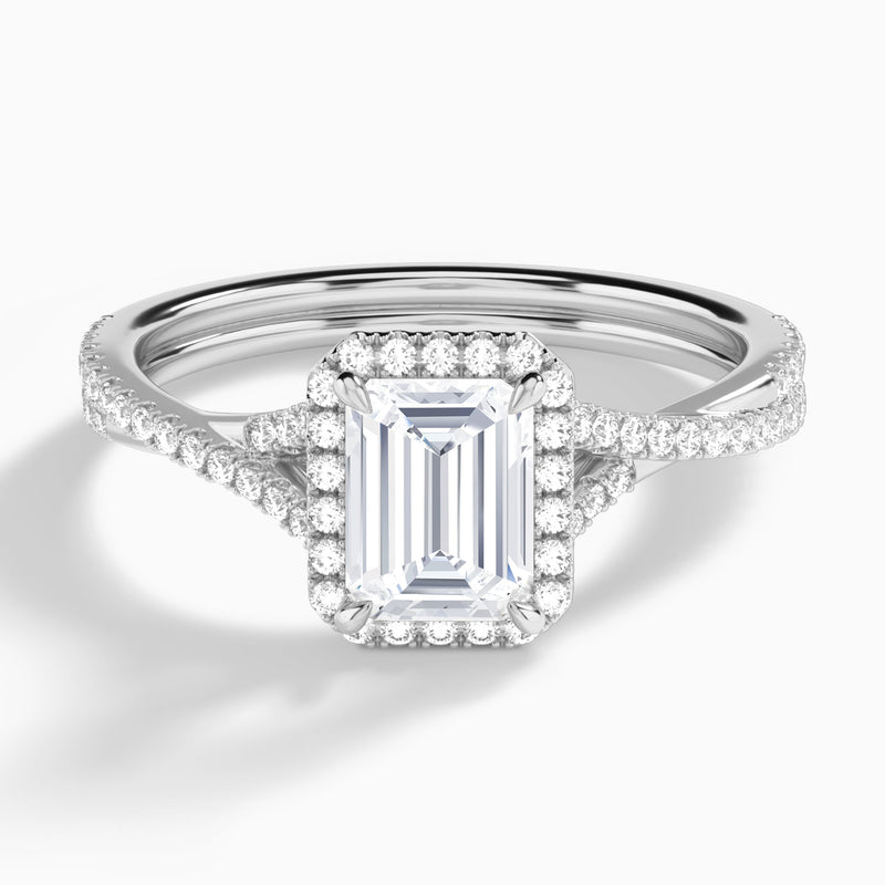 Emerald Luxe Halo And Twisted Shank Lab Diamond Engagement Ring In 14K White Gold