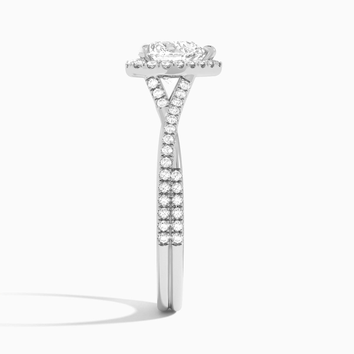 Heart Luxe Halo And Twisted Shank Lab Diamond Engagement Ring In 14K White Gold, Side View