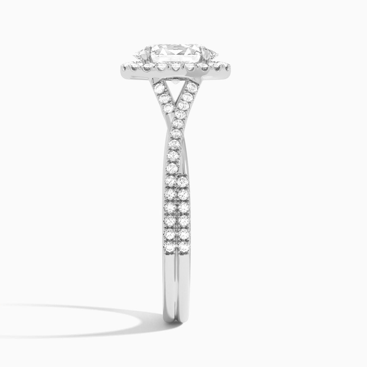 Oval Luxe Halo And Twisted Shank Lab Diamond Engagement Ring In 14K White Gold, Side View