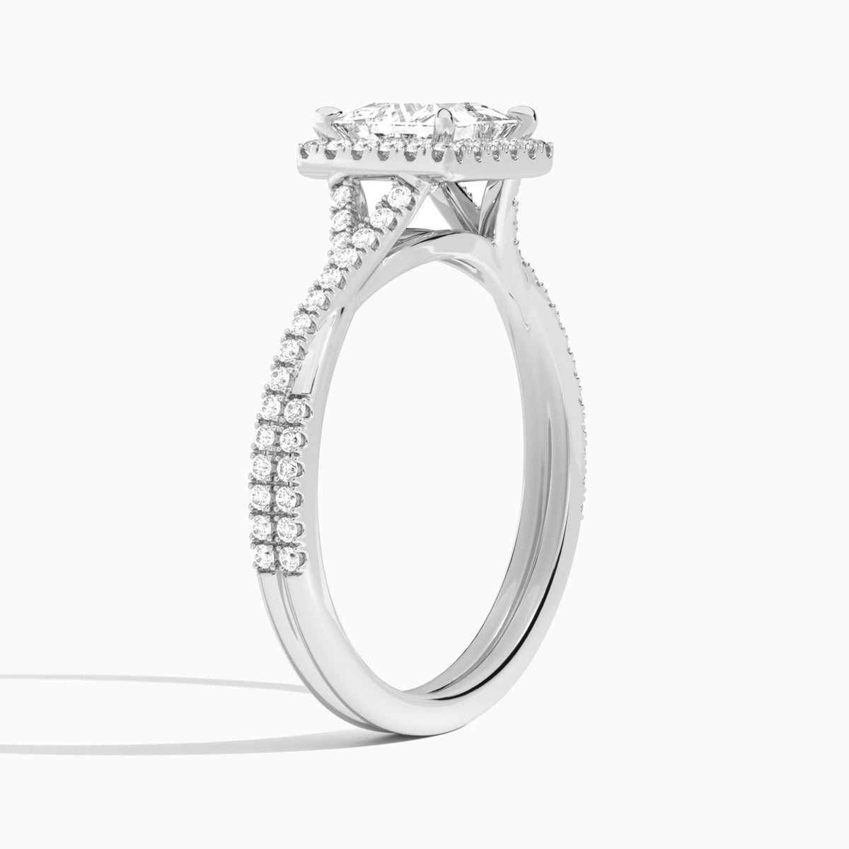 Princess Luxe Halo And Twisted Shank Lab Diamond Engagement Ring In 14K White Gold, Angle View