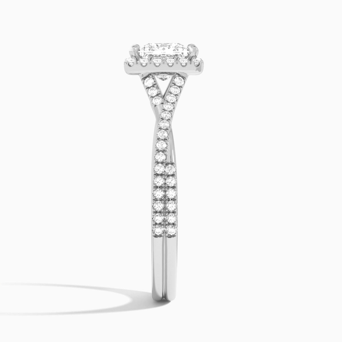 Princess Luxe Halo And Twisted Shank Lab Diamond Engagement Ring In 14K White Gold, Side View