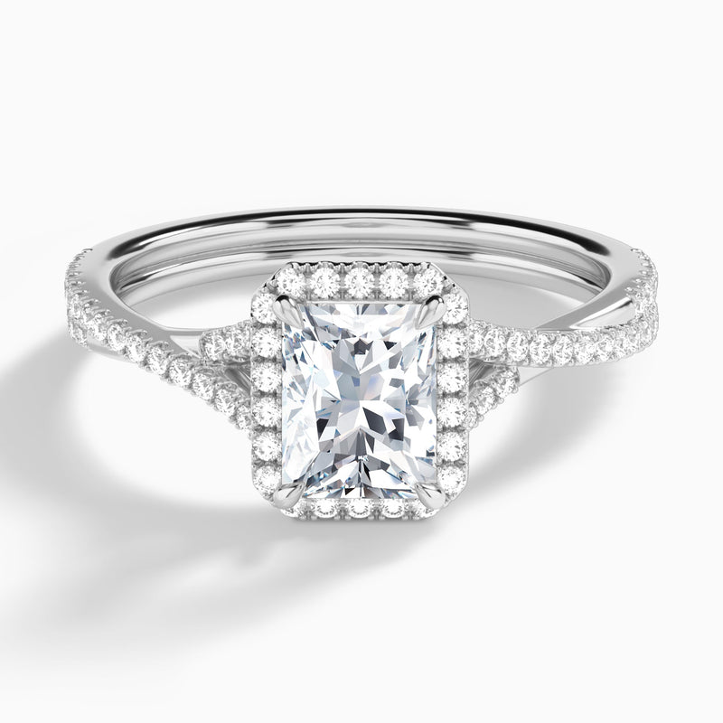 Radiant Luxe Halo And Twisted Shank Lab Diamond Engagement Ring In 14K White Gold
