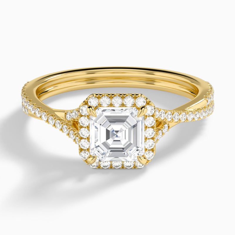 Asscher Luxe Halo And Twisted Shank Lab Diamond Engagement Ring In 18K Yellow Gold - Lucenjuri