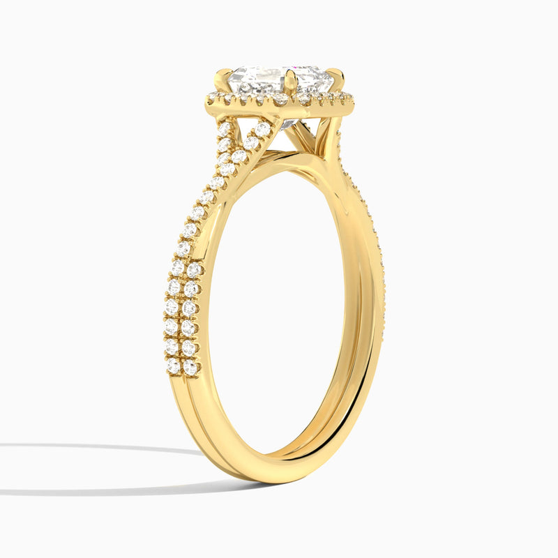 Asscher Luxe Halo And Twisted Shank Lab Diamond Engagement Ring In 18K Yellow Gold, Angle View