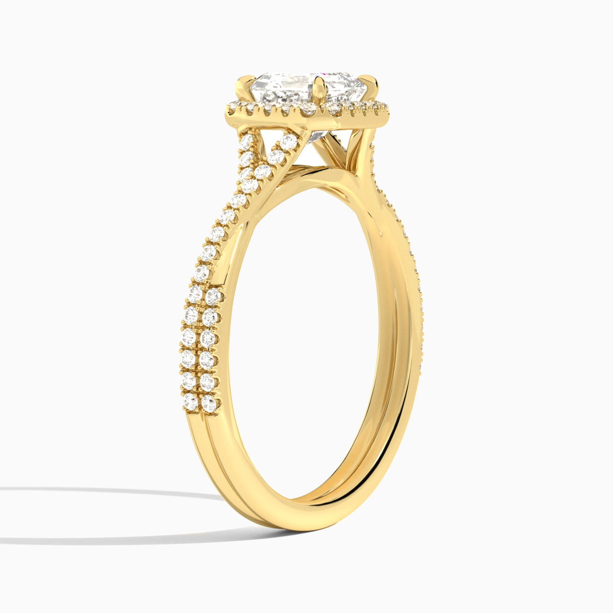 Asscher Luxe Halo And Twisted Shank Lab Diamond Engagement Ring In 18K Yellow Gold, Angle View