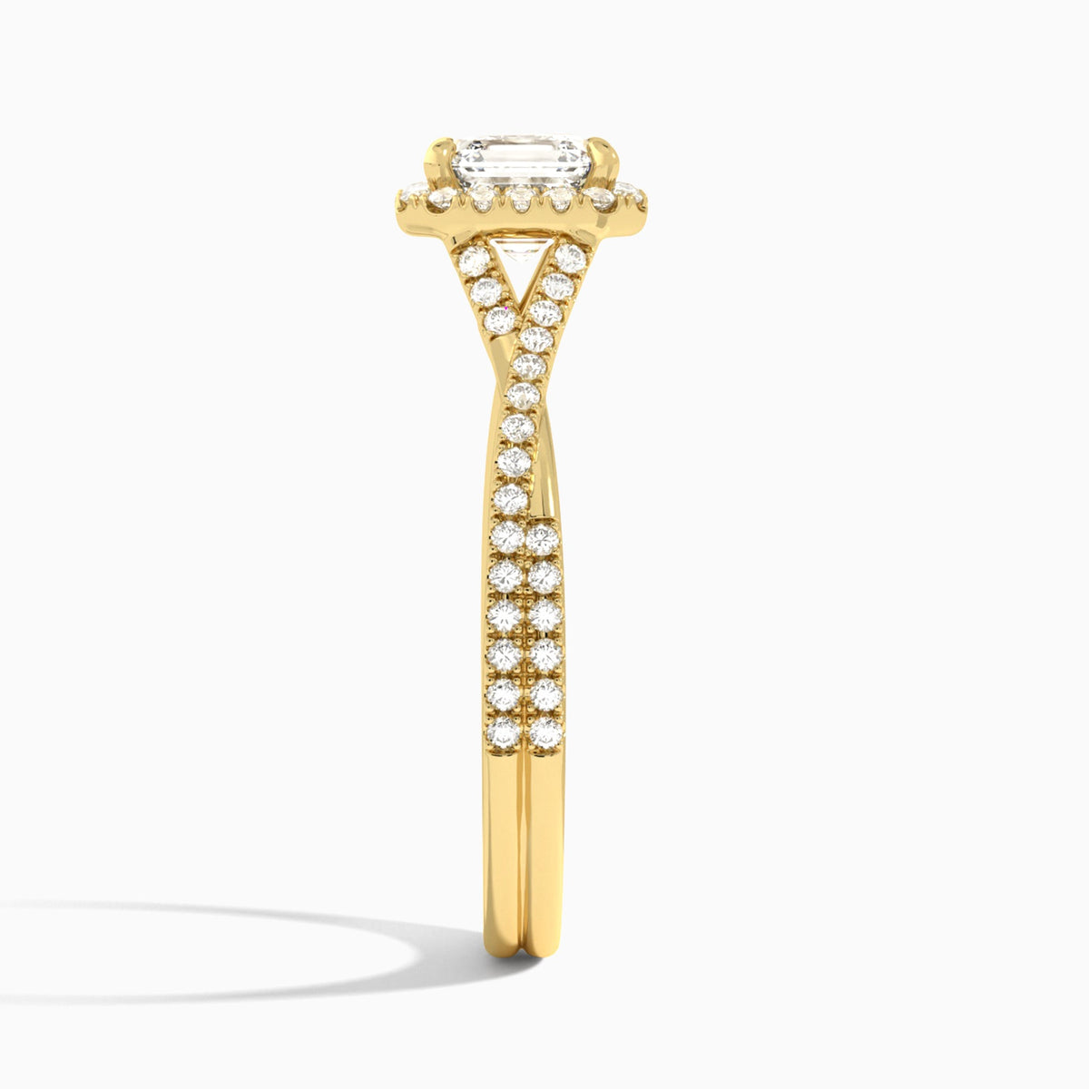 Asscher Luxe Halo And Twisted Shank Lab Diamond Engagement Ring In 18K Yellow Gold, Side View