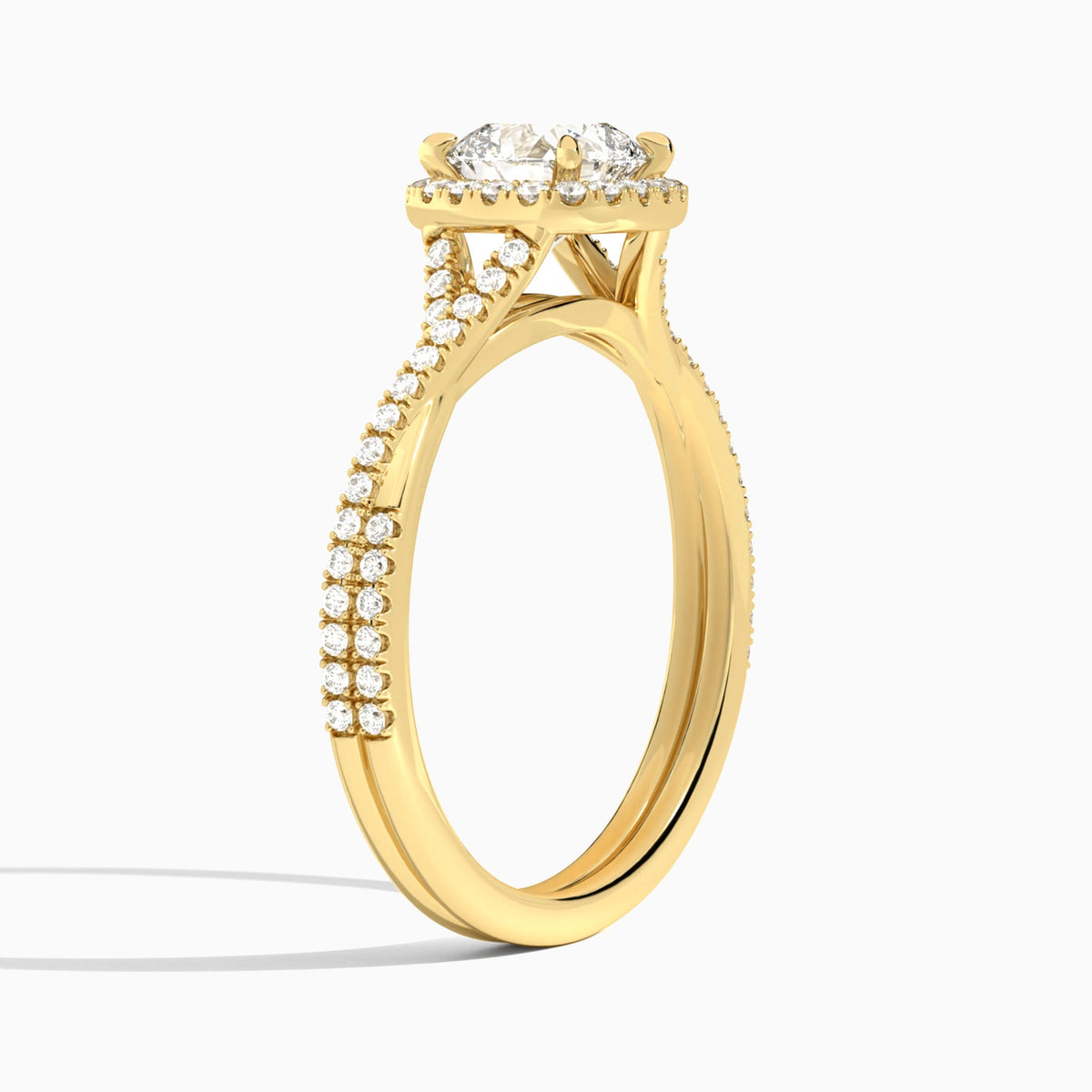 Cushion Luxe Halo And Twisted Shank Lab Diamond Engagement Ring In 18K Yellow Gold, Angle View