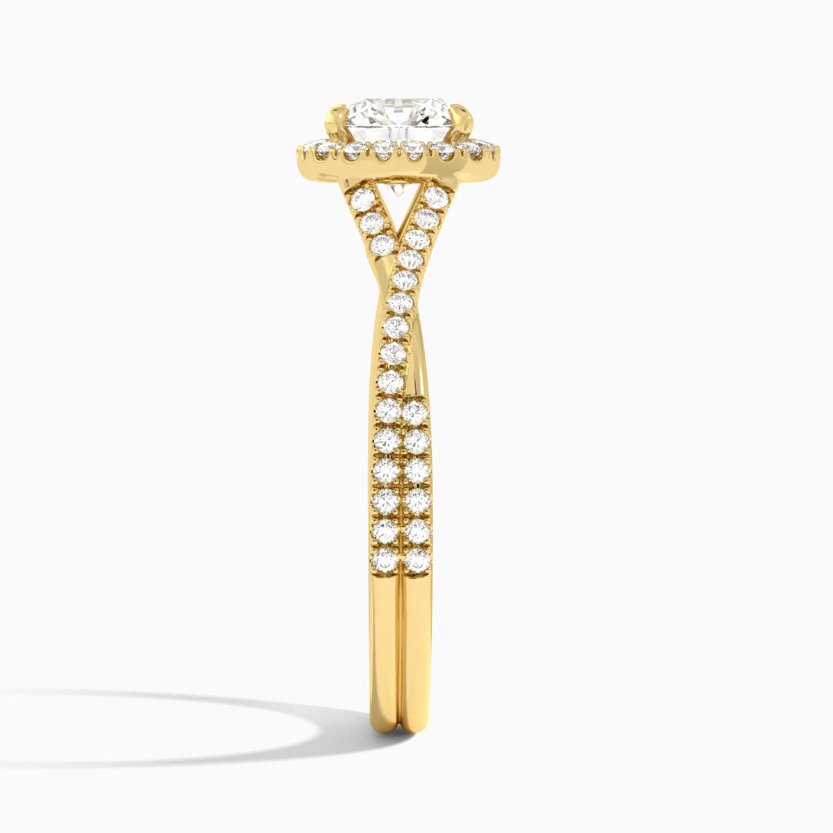 Cushion Luxe Halo And Twisted Shank Lab Diamond Engagement Ring In 14K Yellow Gold, Side View