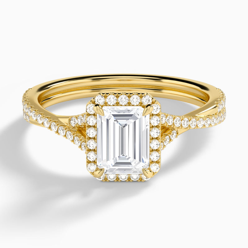 Emerald Luxe Halo And Twisted Shank Lab Diamond Engagement Ring In 18K Yellow Gold - Lucenjuri