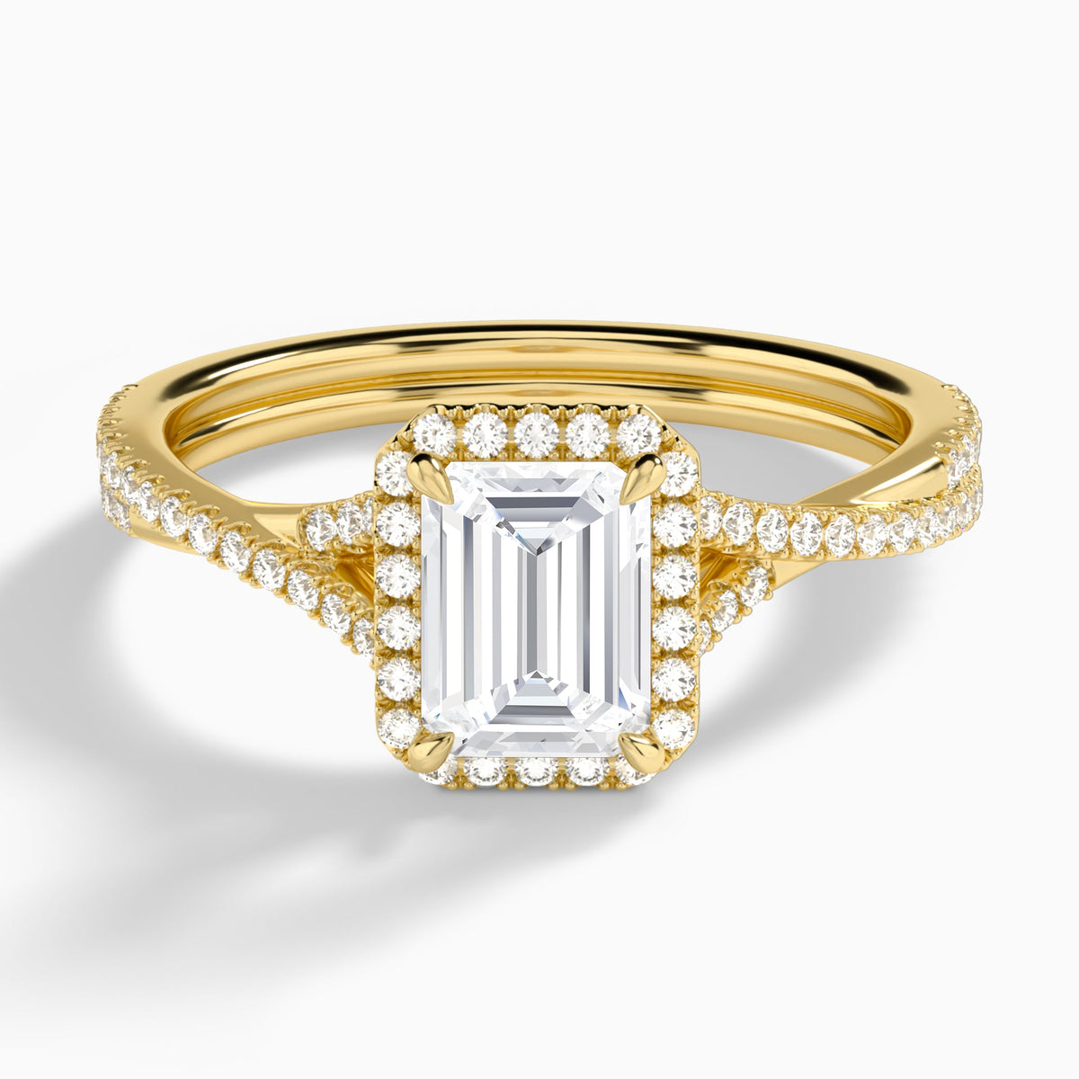 Emerald Luxe Halo And Twisted Shank Lab Diamond Engagement Ring In 14K Yellow Gold - Lucenjuri