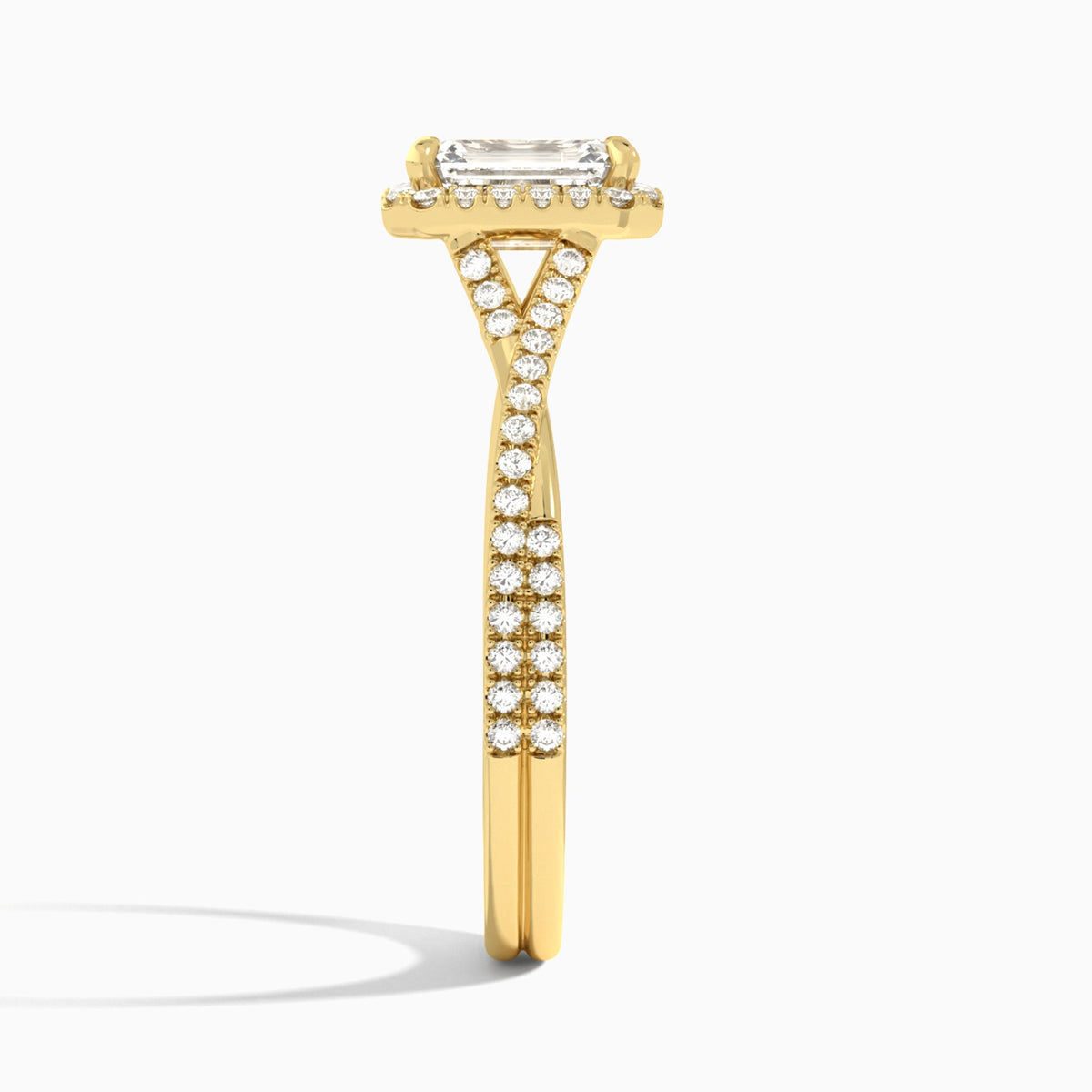 Emerald Luxe Halo And Twisted Shank Lab Diamond Engagement Ring In 14K Yellow Gold, Side View