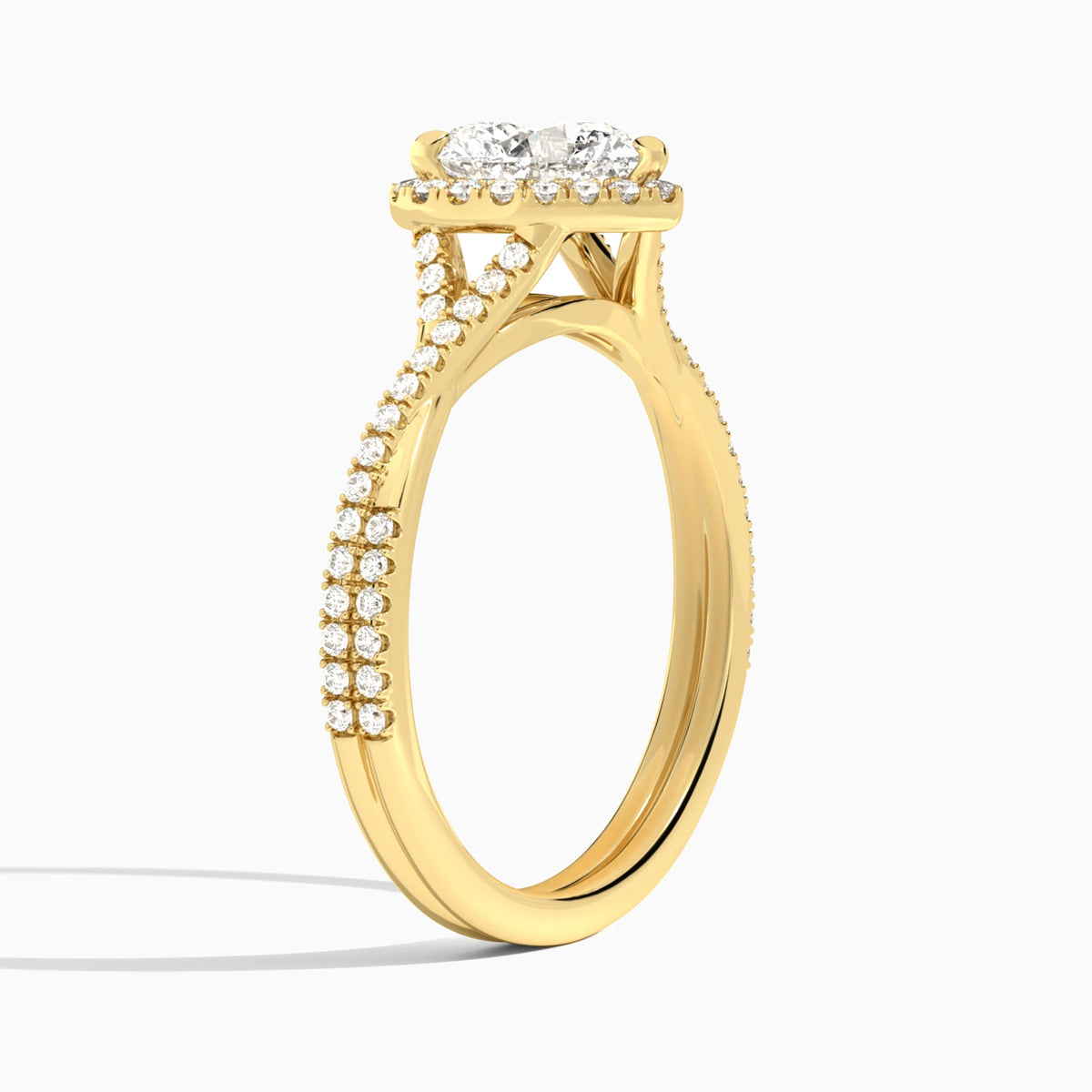 Heart Luxe Halo And Twisted Shank Lab Diamond Engagement Ring In 18K Yellow Gold, Angle View