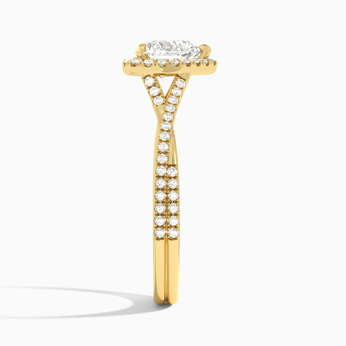 Heart Luxe Halo And Twisted Shank Lab Diamond Engagement Ring In 18K Yellow Gold, Side View