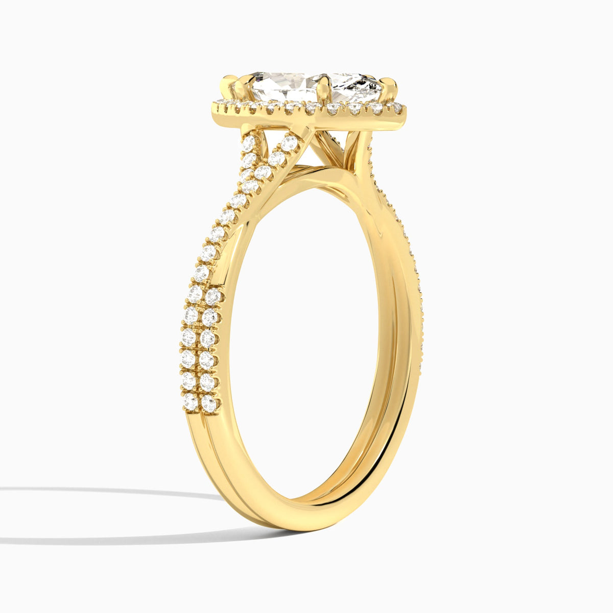 Marquise Luxe Halo And Twisted Shank Lab Diamond Engagement Ring In 18K Yellow Gold, Angle View