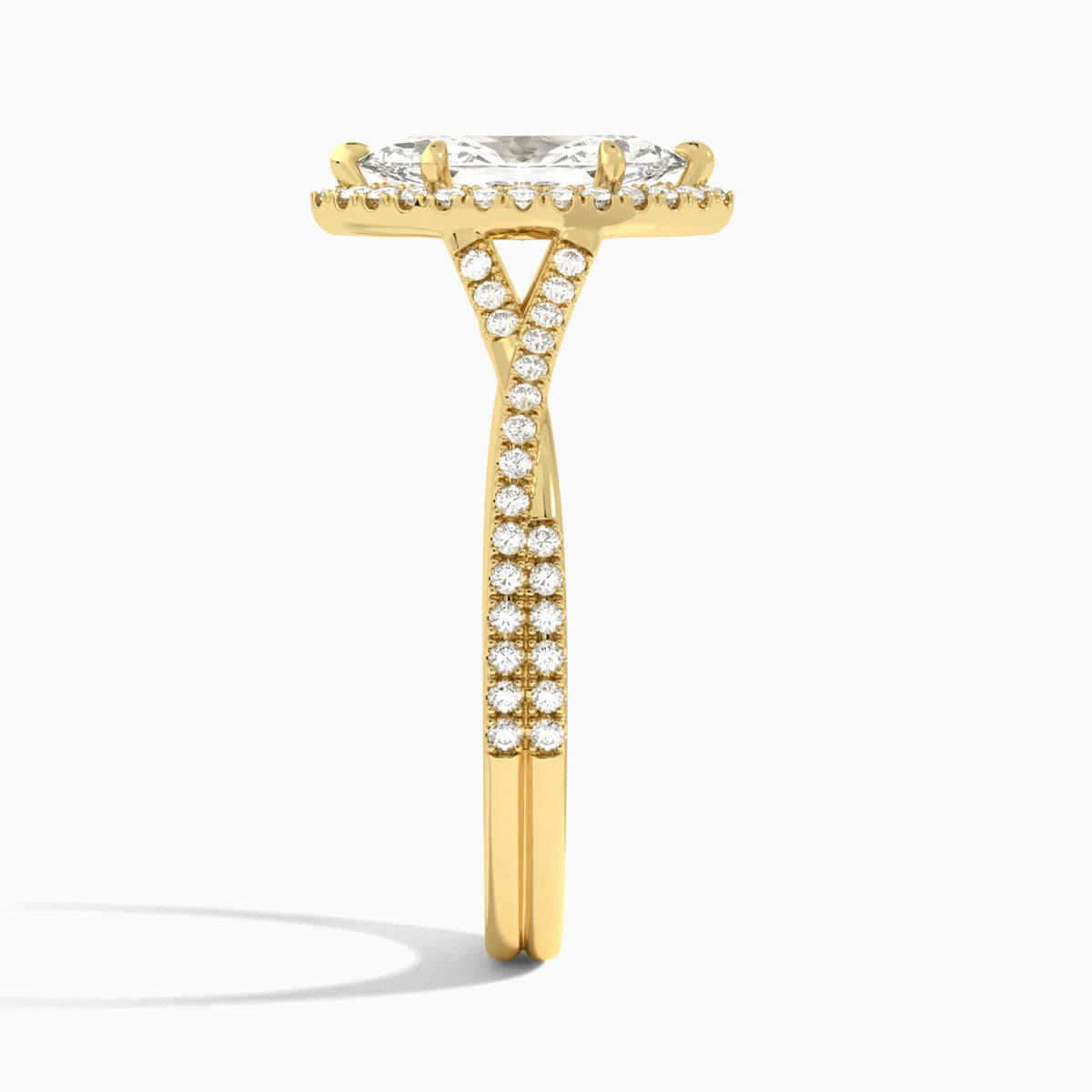 Marquise Luxe Halo And Twisted Shank Lab Diamond Engagement Ring In 14K Yellow Gold, Side View