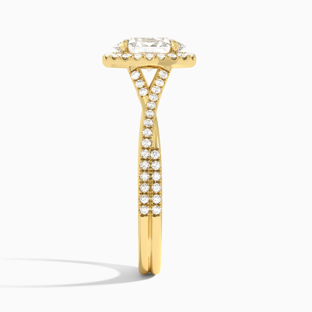 Oval Luxe Halo And Twisted Shank Lab Diamond Engagement Ring In 14K Yellow Gold, Side View