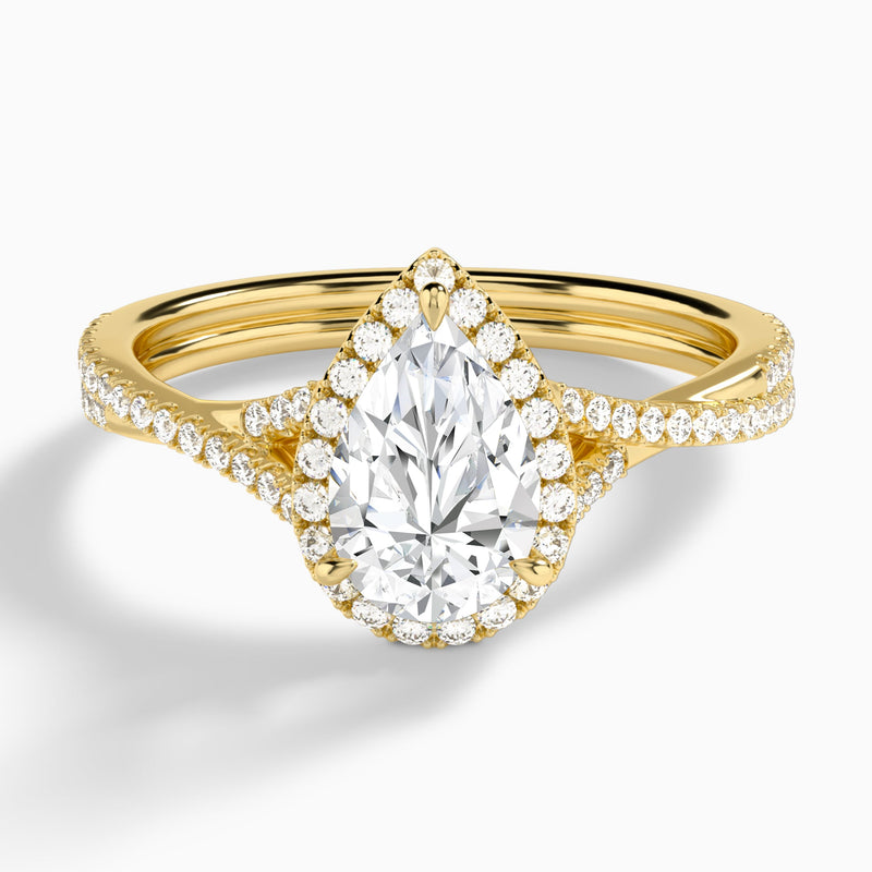 Pear Luxe Halo And Twisted Shank Lab Diamond Engagement Ring In 14K Yellow Gold - Lucenjuri