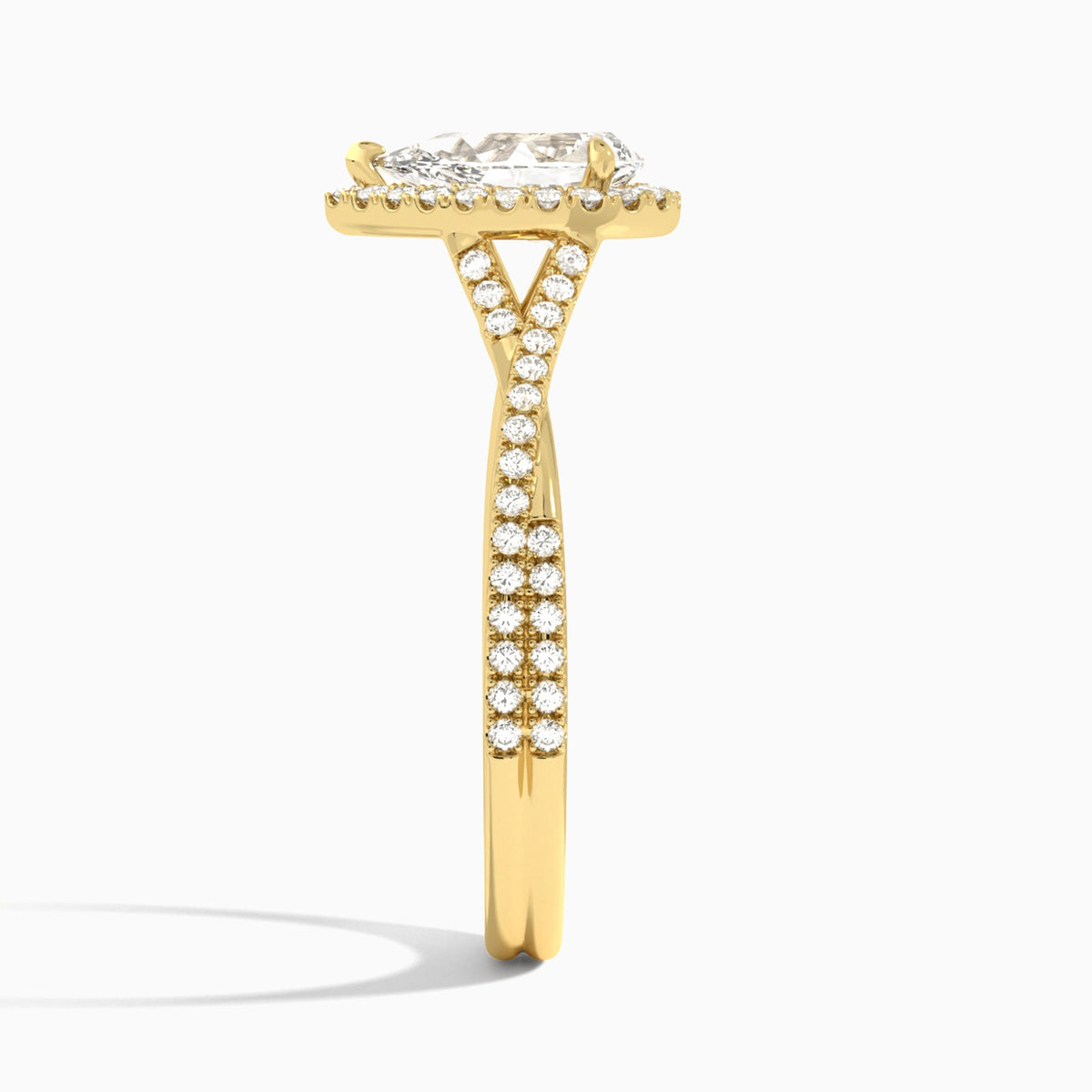 Pear Luxe Halo And Twisted Shank Lab Diamond Engagement Ring In 14K Yellow Gold, Side View