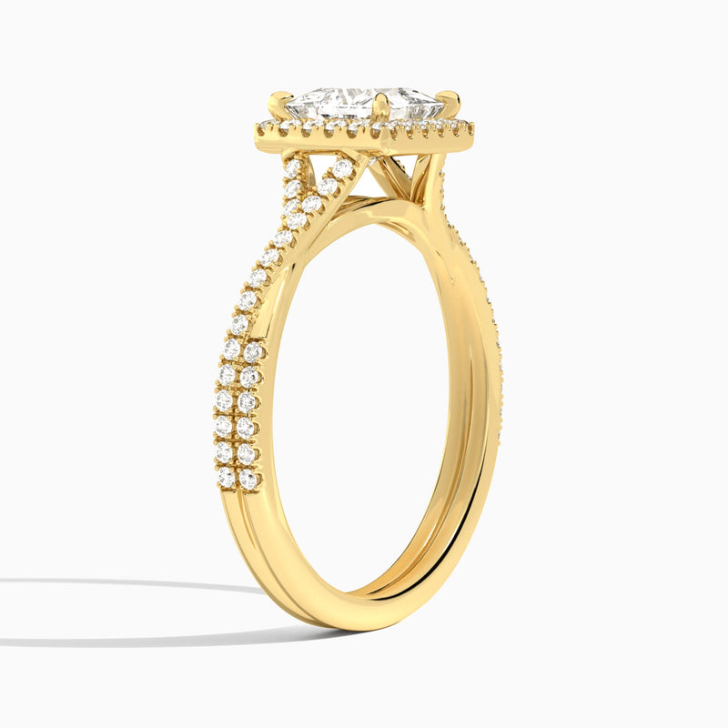 Princess Luxe Halo And Twisted Shank Lab Diamond Engagement Ring In 18K Yellow Gold, Angle View