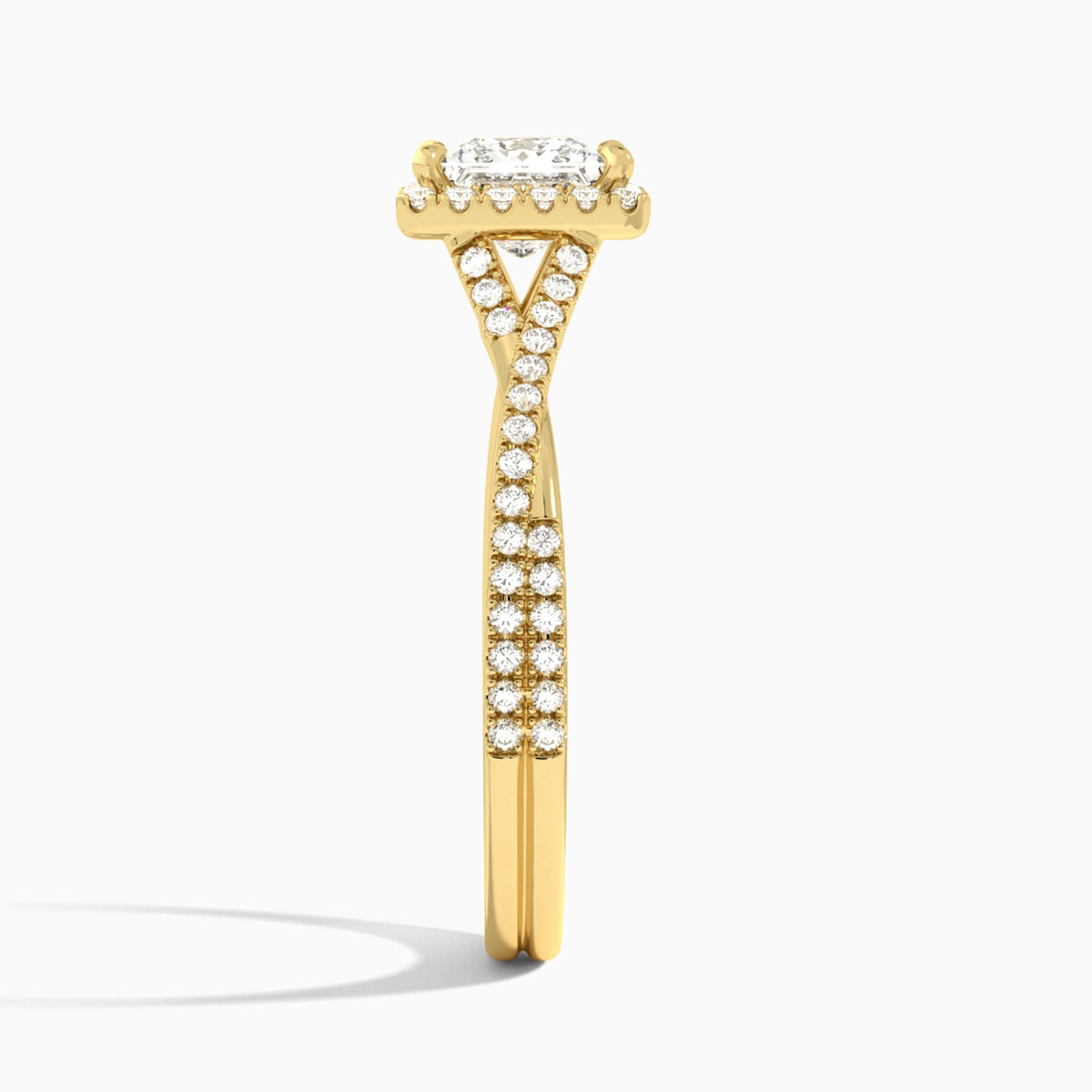 Princess Luxe Halo And Twisted Shank Lab Diamond Engagement Ring In 18K Yellow Gold, Side View