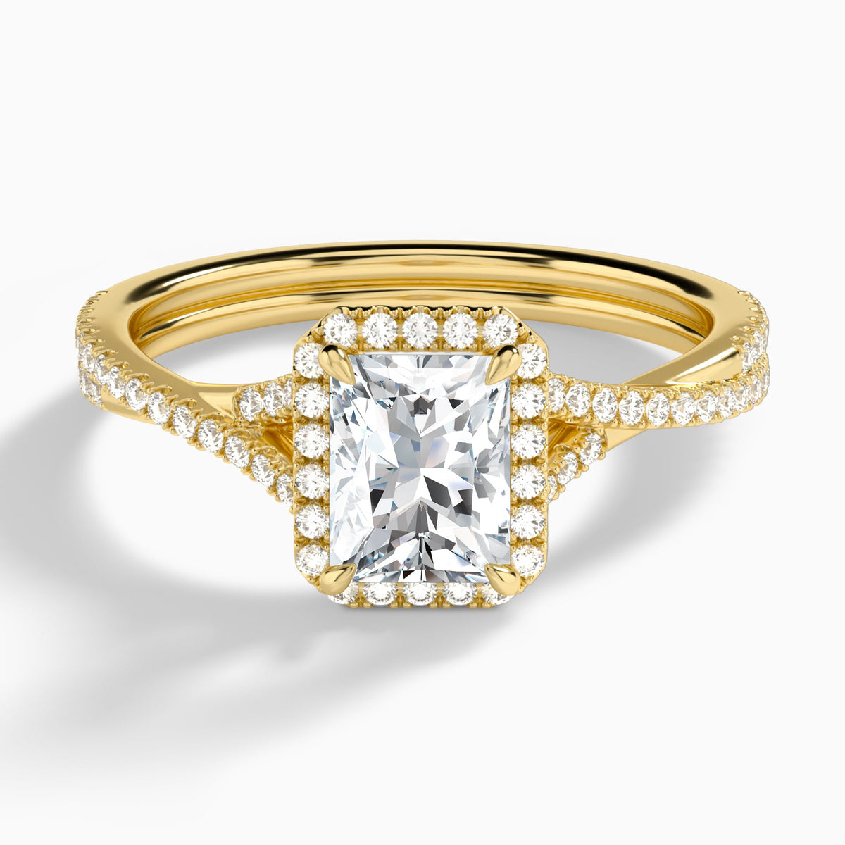 Radiant Luxe Halo And Twisted Shank Lab Diamond Engagement Ring In 18K Yellow Gold - Lucenjuri