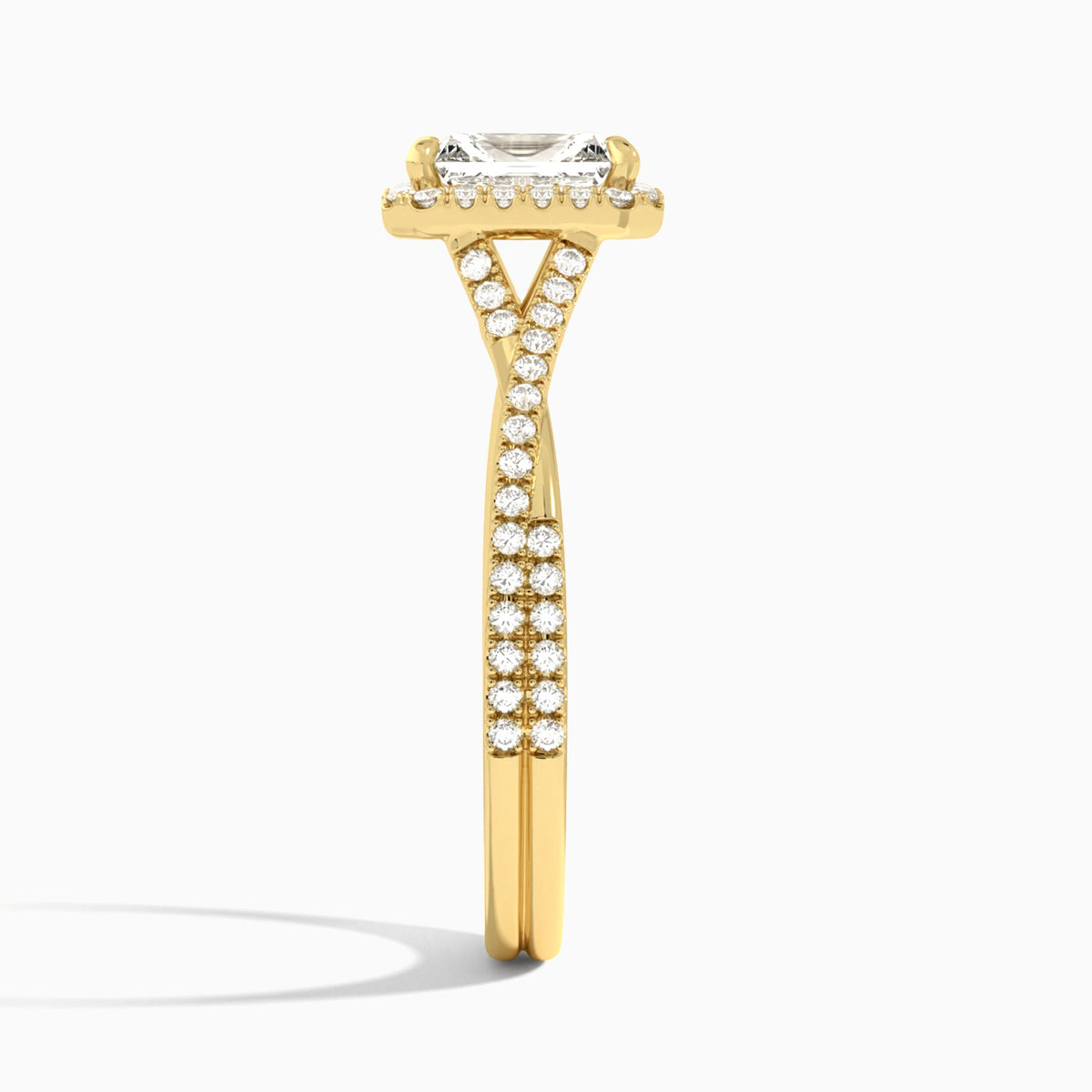 Radiant Luxe Halo And Twisted Shank Lab Diamond Engagement Ring In 18K Yellow Gold, Side View