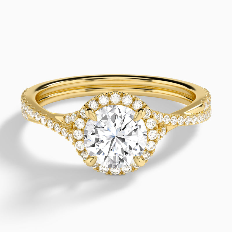 Round Luxe Halo And Twisted Shank Lab Diamond Engagement Ring In 14K Yellow Gold - Lucenjuri