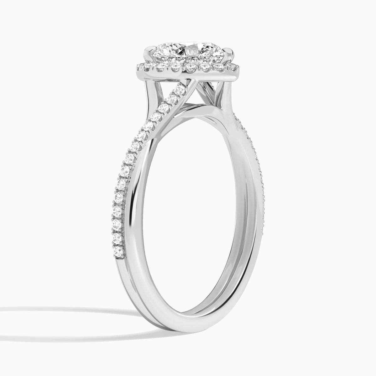 Heart Halo Twisted Shank Lab Diamond Engagement Ring In Platinum, Angle View