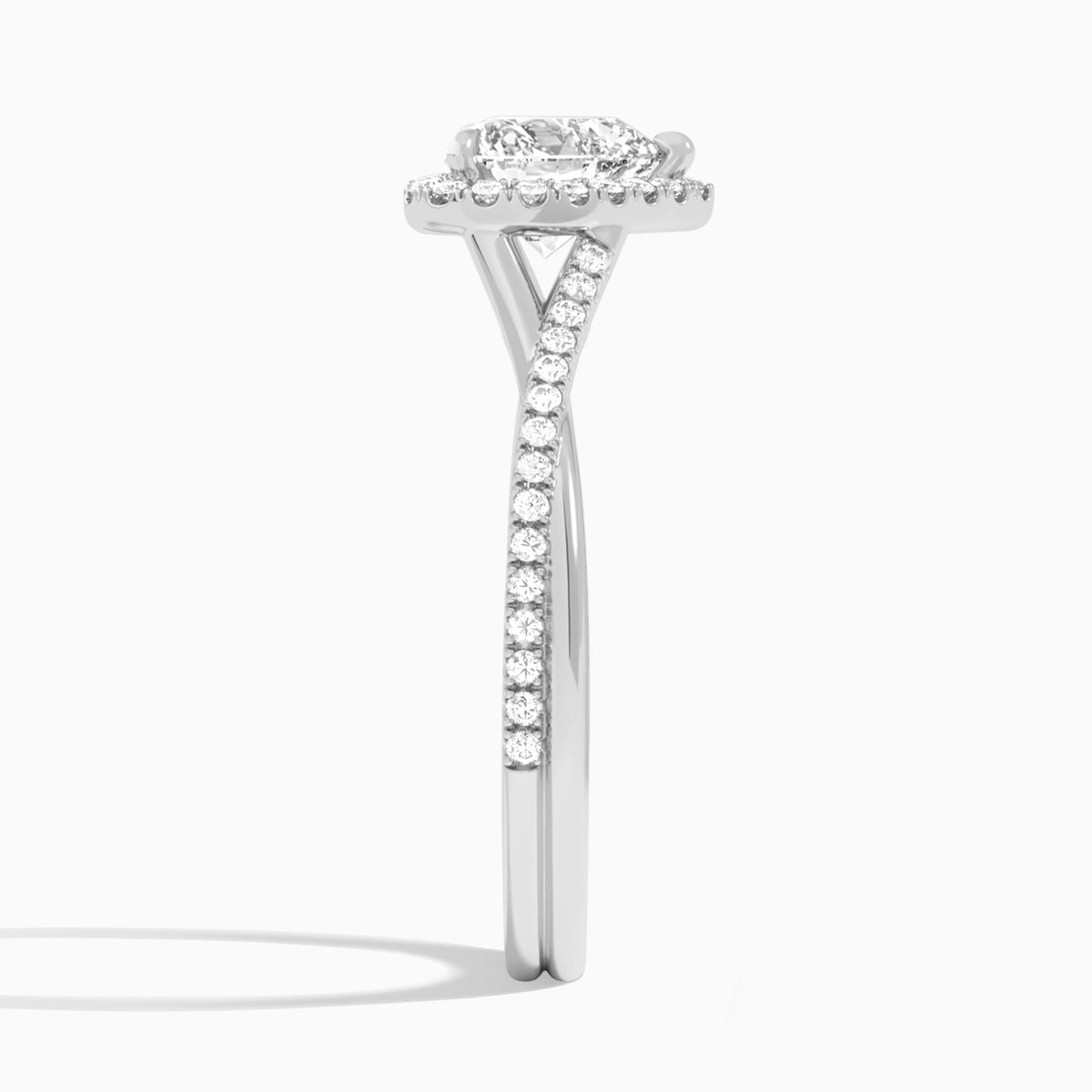 Heart Halo Twisted Shank Lab Diamond Engagement Ring In Platinum, Side View