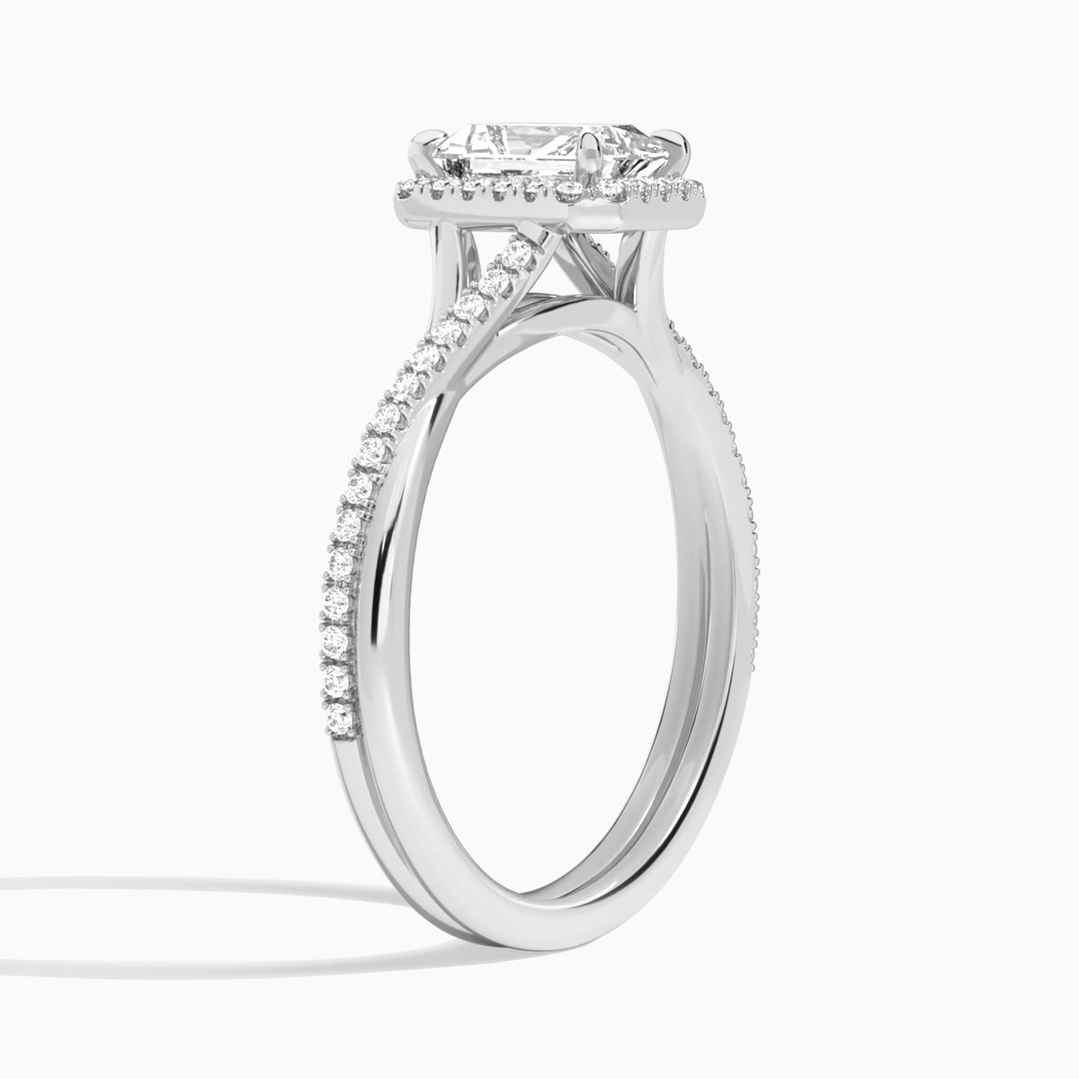Radiant Halo Twisted Shank Lab Diamond Engagement Ring In Platinum, Angle View