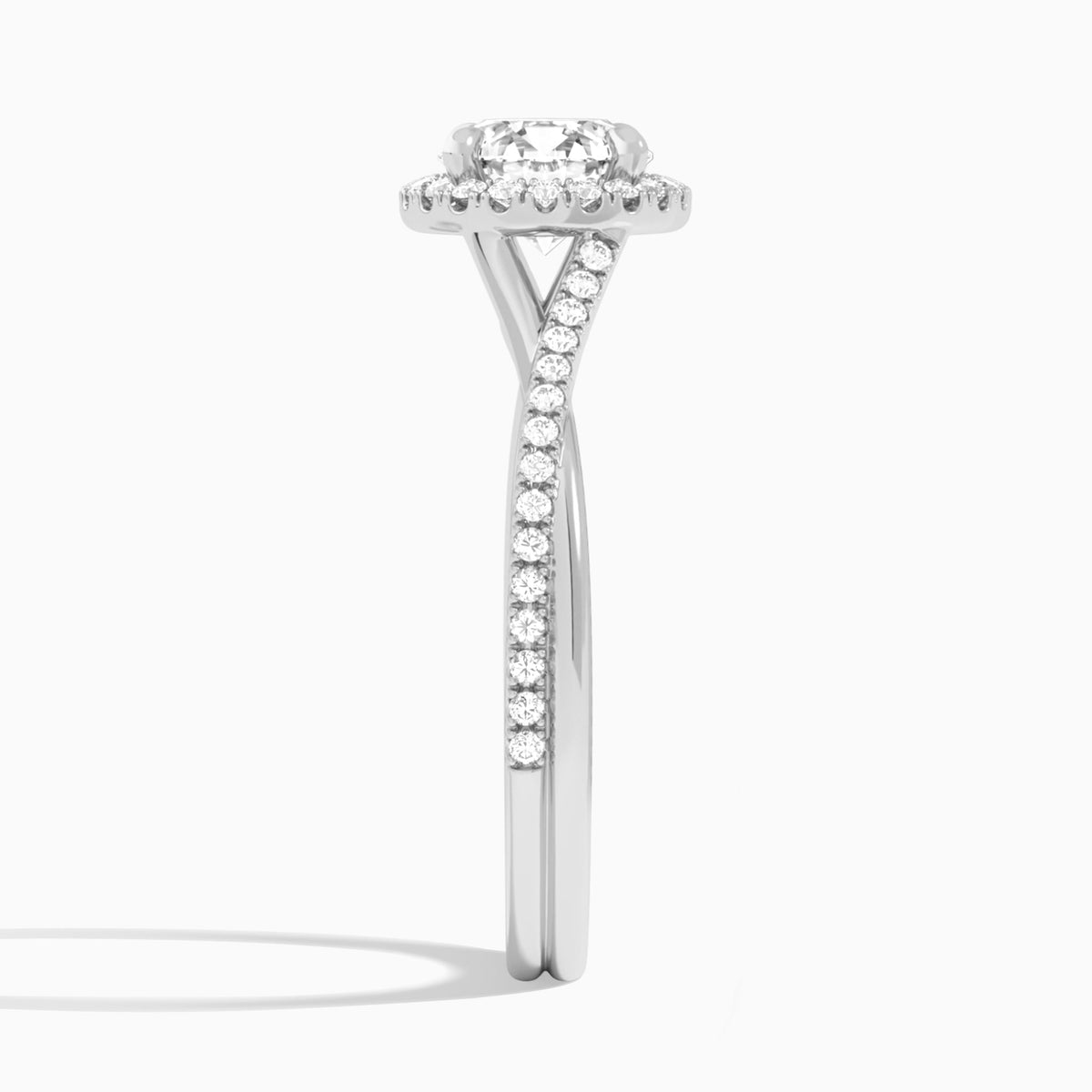 Round Halo Twisted Shank Lab Diamond Engagement Ring In Platinum, Side View