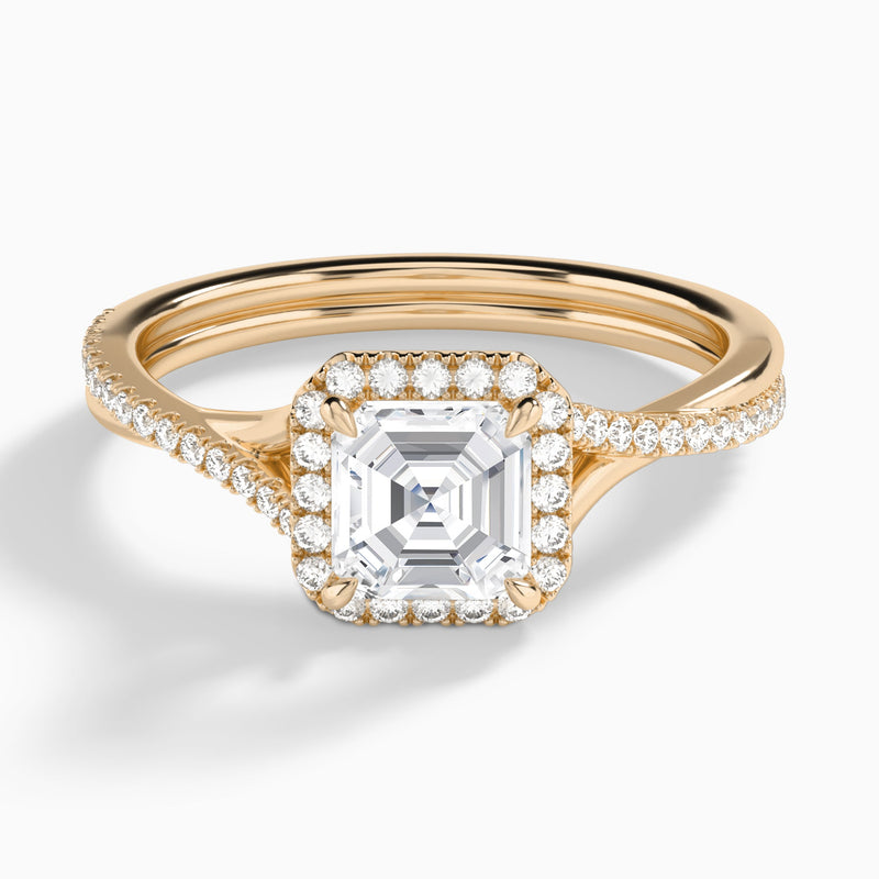 Asscher Halo Twisted Shank Lab Diamond Engagement Ring In 14K Rose Gold - Lucenjuri