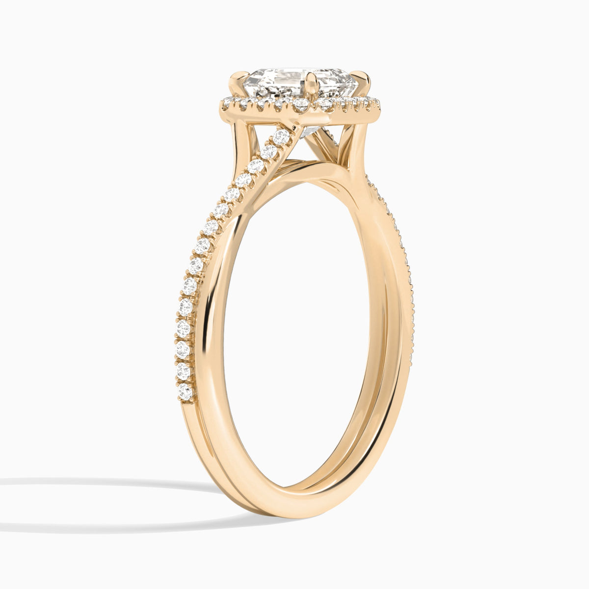 Asscher Halo Twisted Shank Lab Diamond Engagement Ring In 14K Rose Gold, Angle View