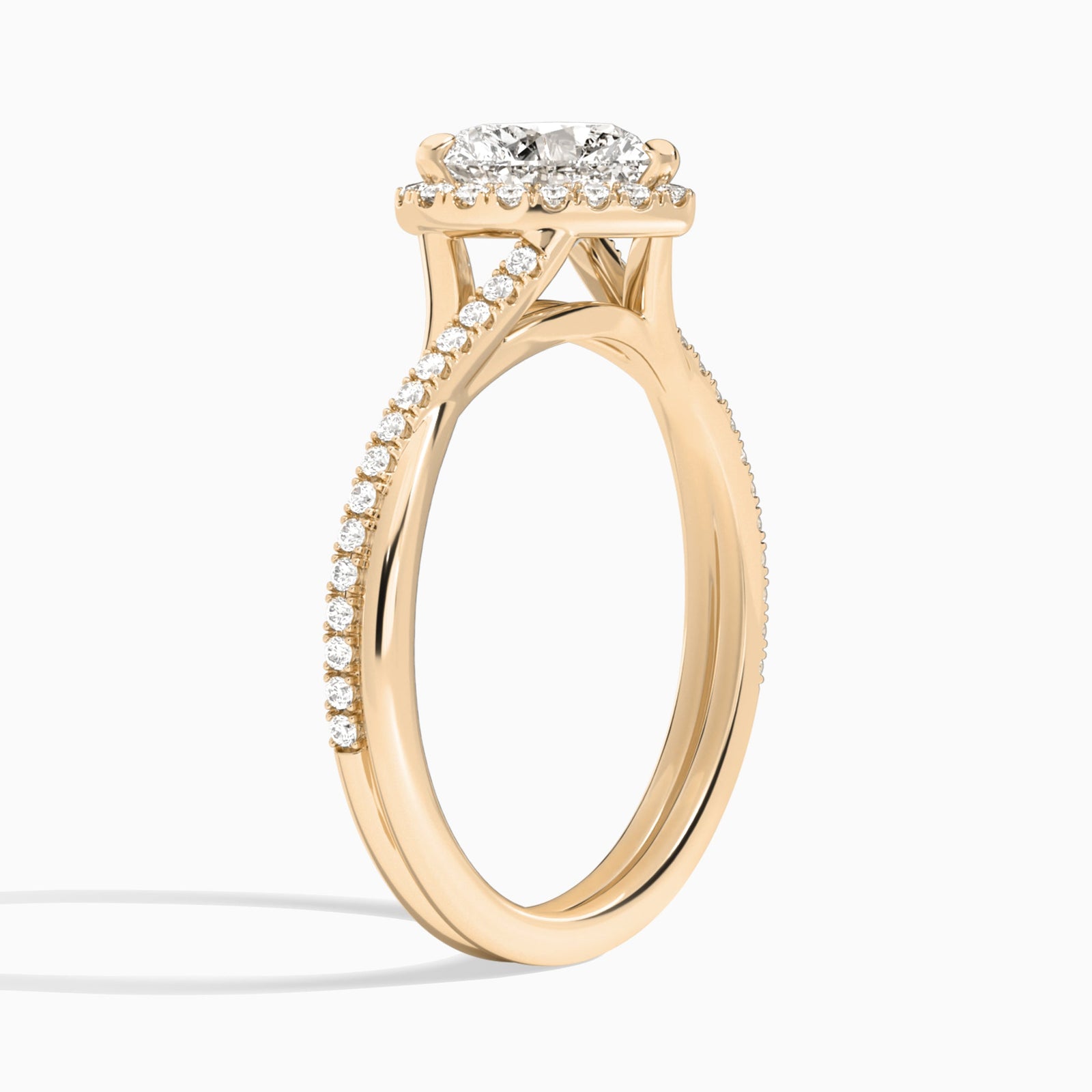 Heart Halo Twisted Shank Lab Diamond Engagement Ring In 14K Rose Gold, Angle View