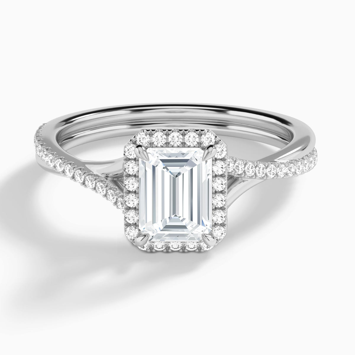 Emerald Halo Twisted Shank Lab Diamond Engagement Ring In 18K White Gold - Lucenjuri