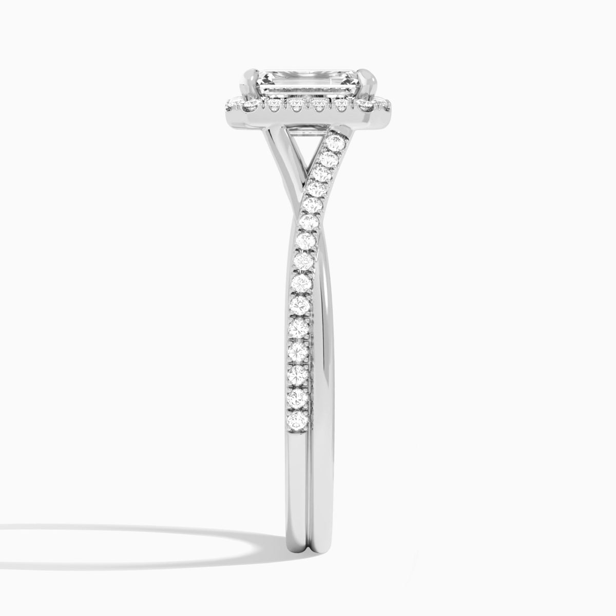 Emerald Halo Twisted Shank Lab Diamond Engagement Ring In 18K White Gold, Side View