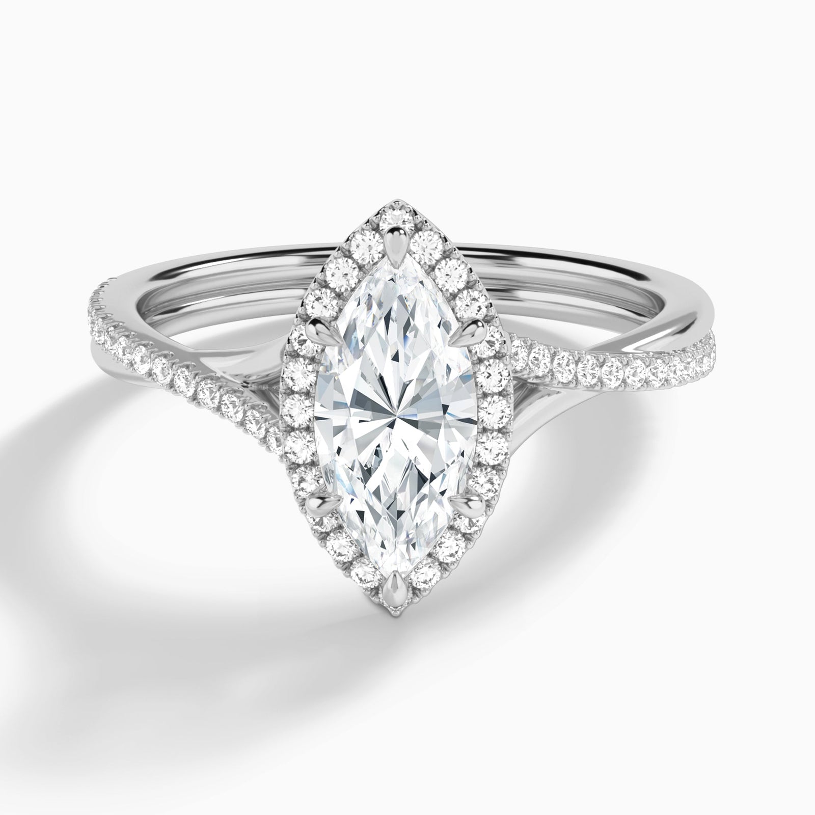 Marquise Halo Twisted Shank Lab Diamond Engagement Ring In 14K White Gold - Lucenjuri