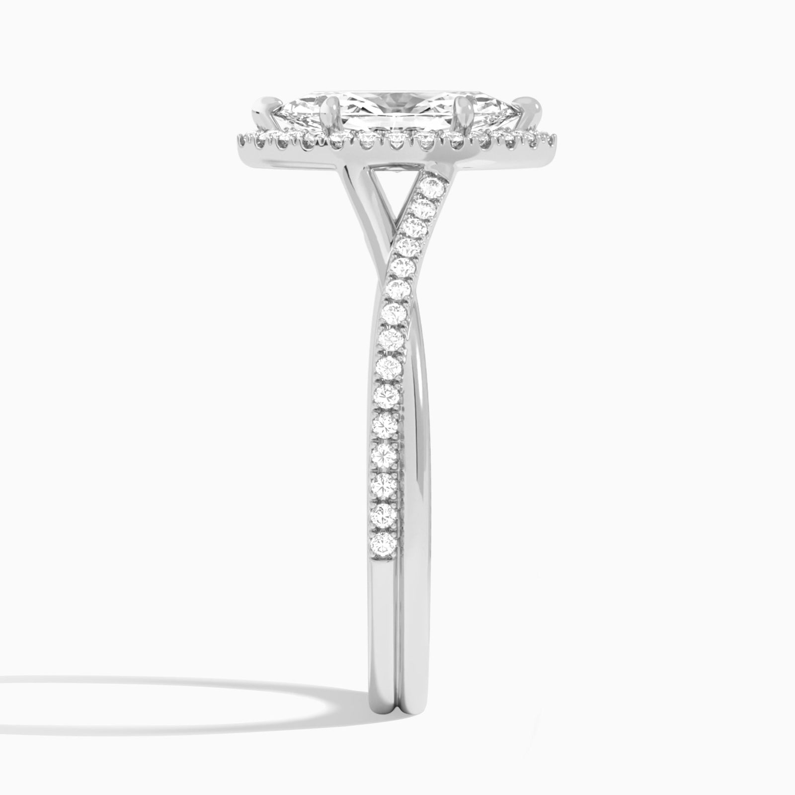 Marquise Halo Twisted Shank Lab Diamond Engagement Ring In 14K White Gold, Side View