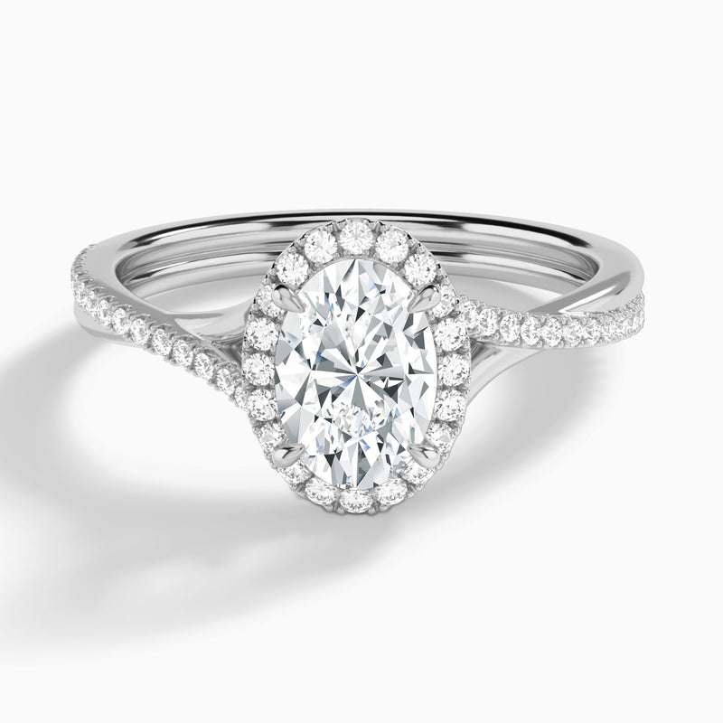Oval Halo Twisted Shank Lab Diamond Engagement Ring In 18K White Gold - Lucenjuri