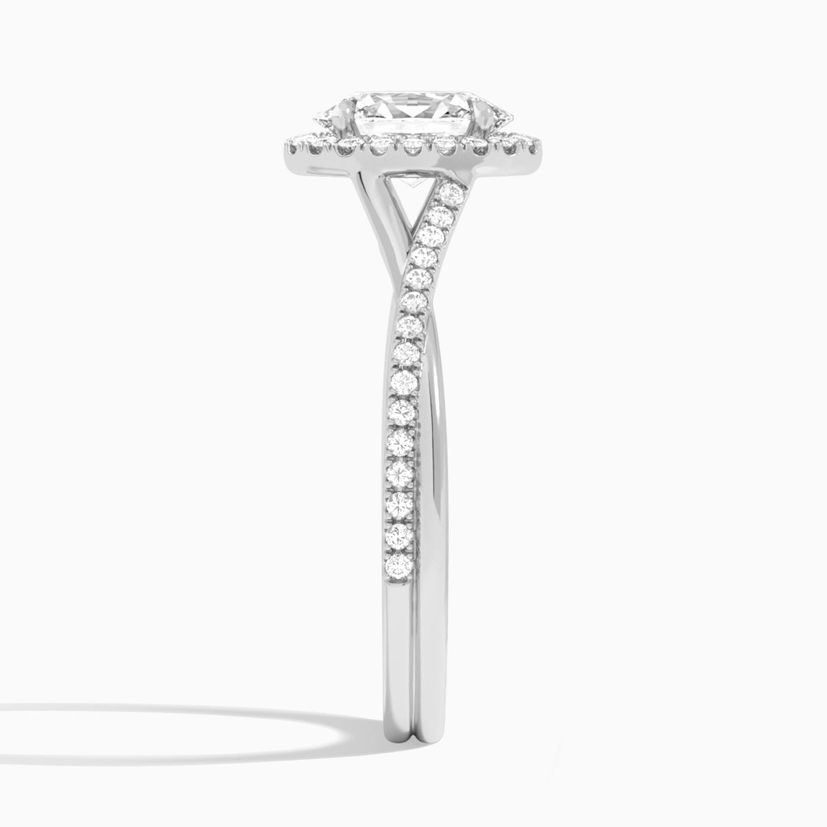 Oval Halo Twisted Shank Lab Diamond Engagement Ring In 18K White Gold, Side View