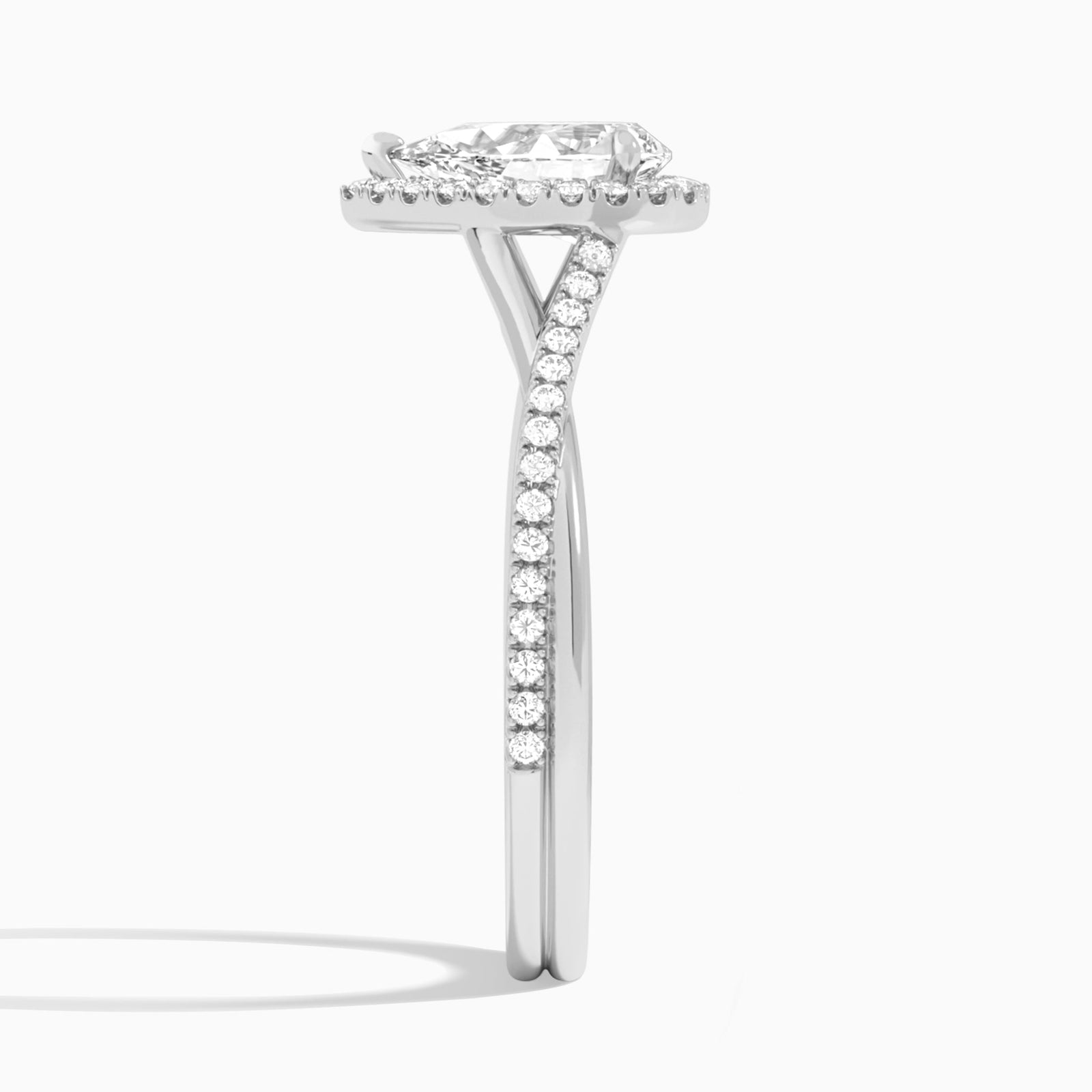 Pear Halo Twisted Shank Lab Diamond Engagement Ring In 18K White Gold, Side View