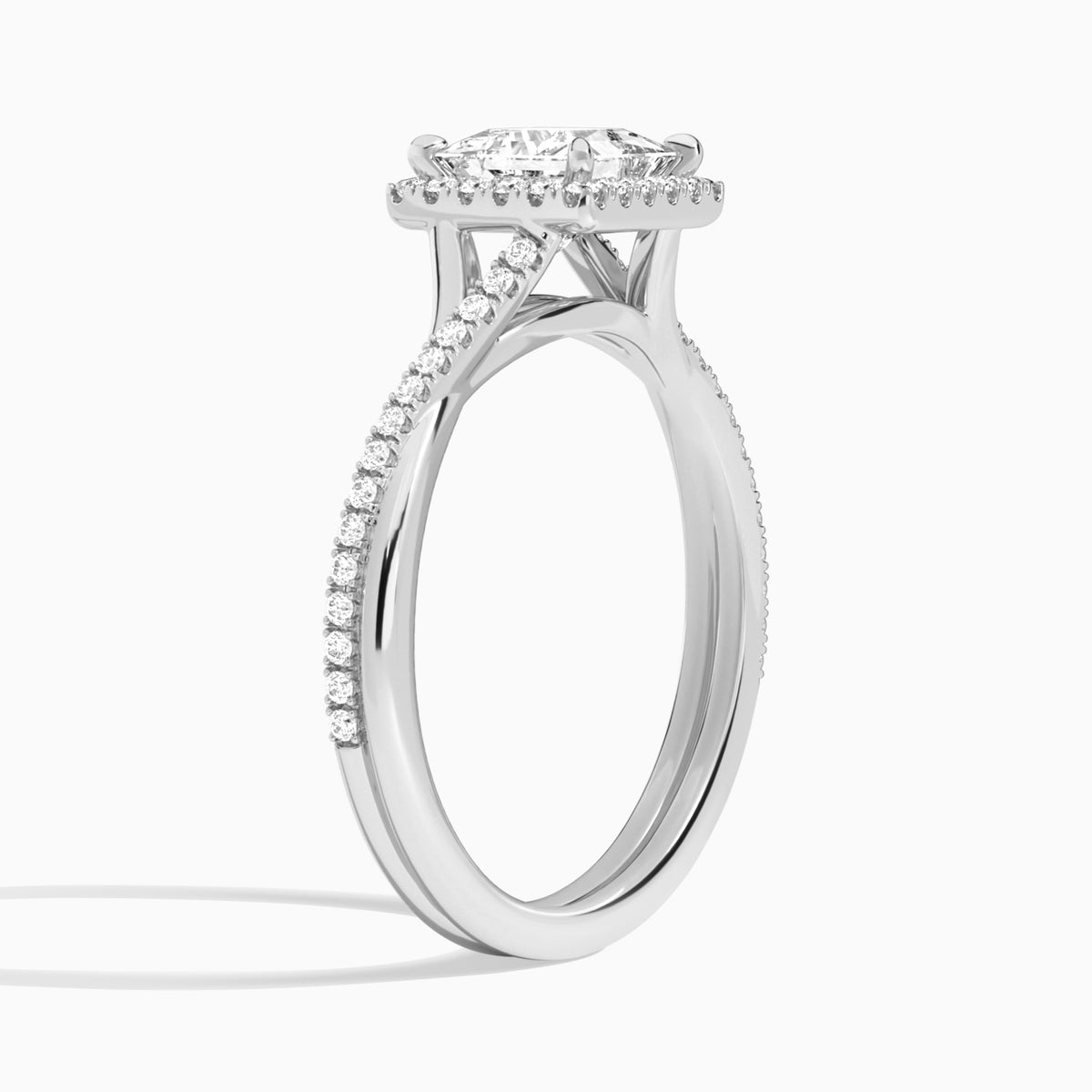 Princess Halo Twisted Shank Lab Diamond Engagement Ring In 14K White Gold, Angle View